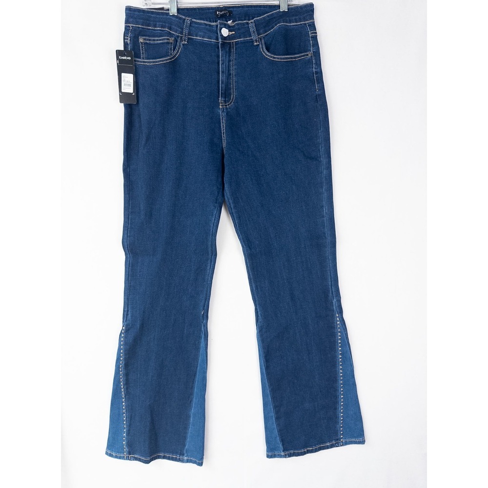 NWT $89 Bebe Jeans Womens 14/32 Blue Indigo‎ Wash The V Flare y2k Embroidered
